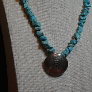 vintage Turquoise chip necklace with silver swirl pendant